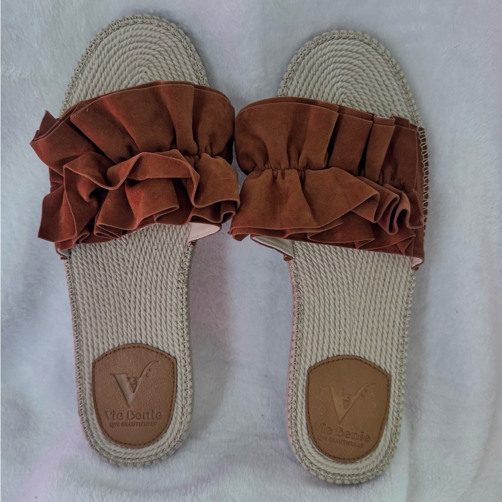 Vie Benie Ruffle Slide Sandals Size 42 (US 10-10.5) Boho Espadrille Brown Summer - Picture 3 of 9